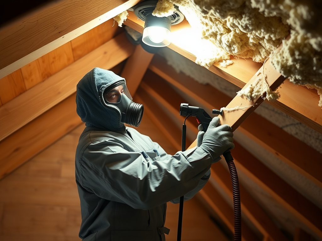Technician spraying foam insulation onto an attic roof deck
